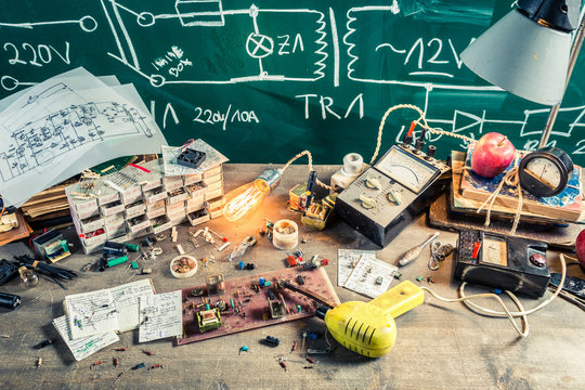Old electronics workplace in school lab