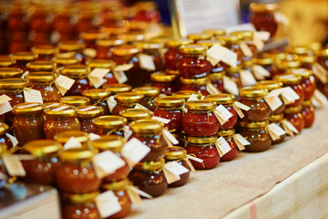 Sauces, mustards and tapenades on market