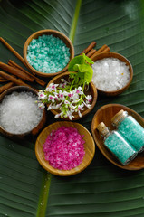 Fototapeta na wymiar colorful sea salt ,flower in wooden bowl with cinnamon, salt in glass on banana leaf 