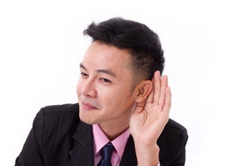 happy, smiling, successful businessman listening to good news