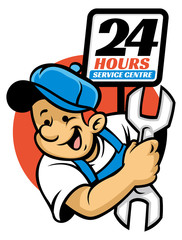 happy mechanic hold a wrench