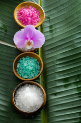 Fototapeta na wymiar colorful salt in bowl with frangipani on banana leaf