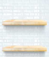Empty Wooden Table top and shelf at white tile ceramic wall,Temp