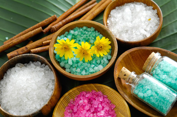 Fototapeta na wymiar colorful salt in wooden bowl with cinnamon, Gerbera ,salt in glass on banana leaf 