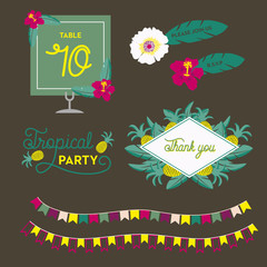 Party set with tropical flowers and pineapples. Vector design.