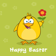 Happy Easter With Yellow Chick With A Red Daisy Flower
