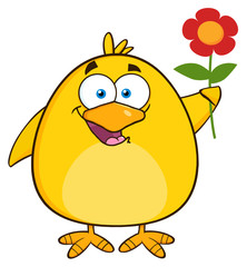 Happy Yellow Chick Cartoon Character With A Red Daisy Flower