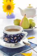 coffee cup black wooden board brown white jug milk sunflower pea
