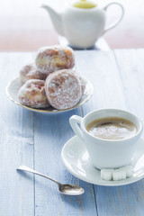 Coffee cup milk sweet dessert donuts icing sugar