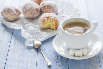 Coffee cup milk sweet dessert donuts icing sugar