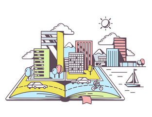Vector illustration of cartoon open book with modern city on whi
