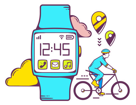 Vector illustration of blue smart watch with cyclist and cloud o