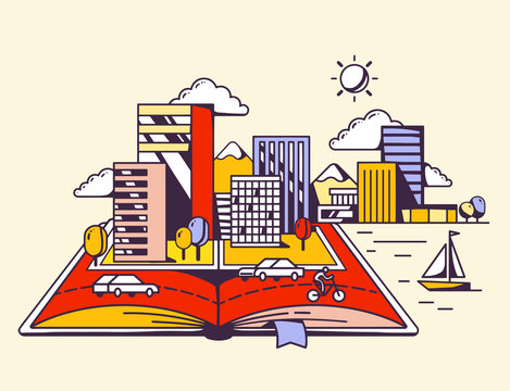 Vector illustration of cartoon open book with modern city on yel