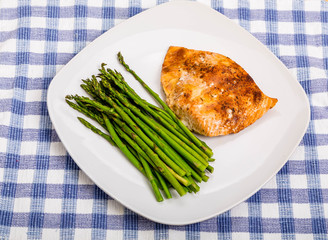 Broiled Salmon on Square Plate with Asparagus