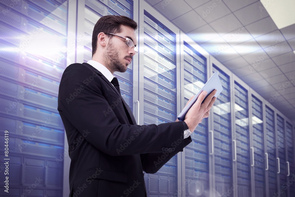 Poster composite image of businessman with glasses using his tablet