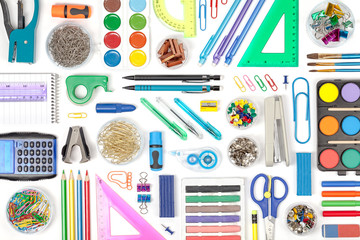 school tools on white background top view