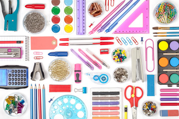 school tools on white background top view