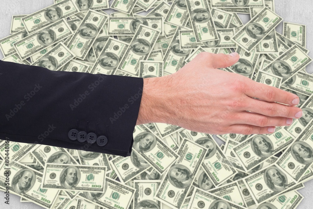Poster composite image of close up of businessman offering handshake