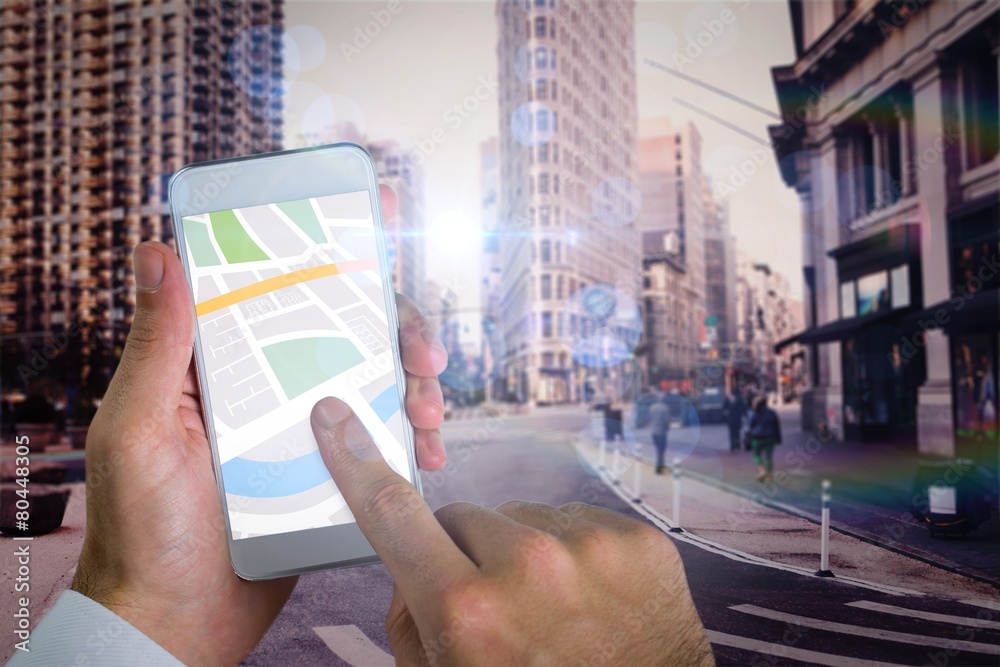 Aufkleber Composite image of man using map app on phone