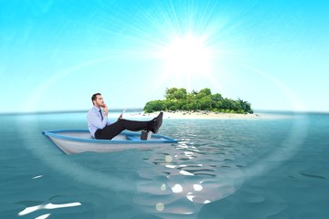 Composite image of businessman in boat with tablet pc