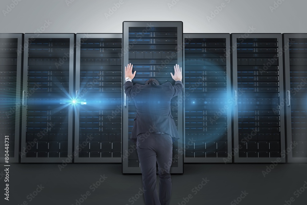 Poster composite image of businessman standing and pushing with hands