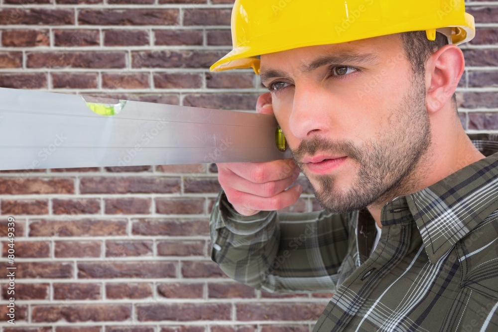 Poster Composite image of carpenter using spirit level