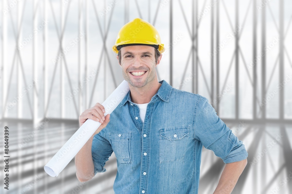 Poster composite image of confident architect holding rolled blueprint