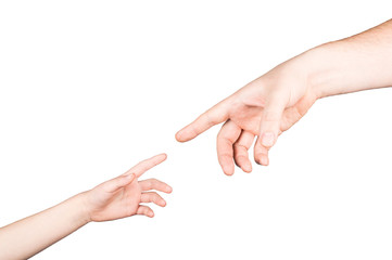 small child's hand reaches for the big hand man 