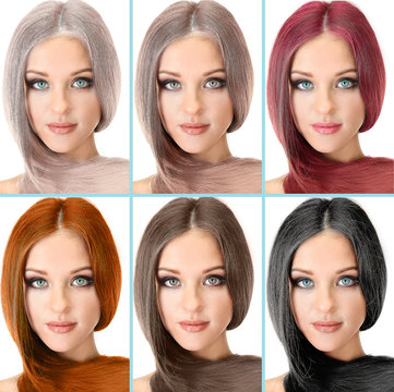 Concept of coloring hair. Portraits of beautiful woman with