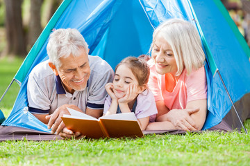 Grandparent With Granddaughter Reading Book At Campsite