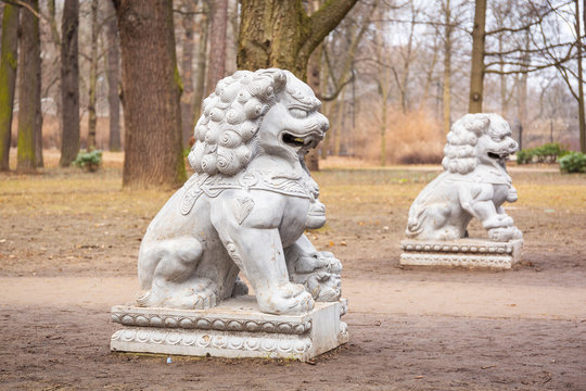 Chinese stone statues in the Royal Bath park, Warsaw