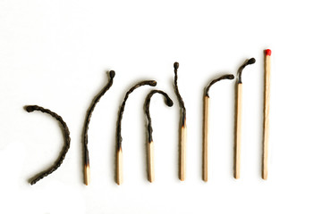 Row of burnt matches and whole one on light background