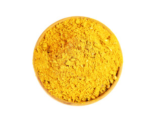 Curry in wooden bowl, isolated on white