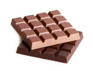 Milk and black chocolate bars isolated on white