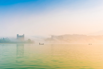 Sun Moon Lake at morning with fog