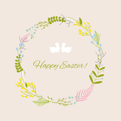 Obraz premium Happy Easter greeting card with flowers eggs and rabbit elements