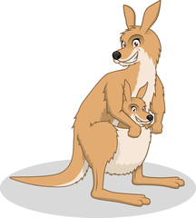 Kangaroo with Her Baby Vector Cartoon Illustration