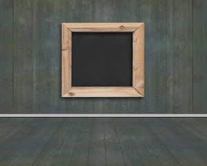 Wood frame of blank blackboard with dark green wooden room