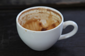 Closeup of a empty coffee cup on wooden table.