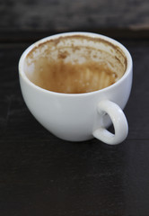 Closeup of a empty coffee cup on wooden table.