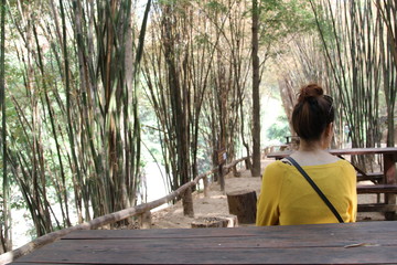 Fototapeta premium Rear view of lonely young woman sitting in the park.