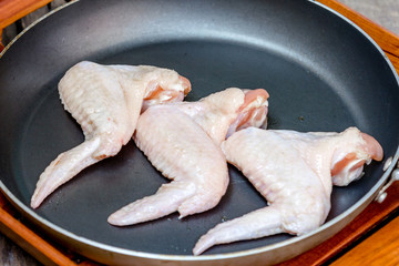 raw chicken wings in pan