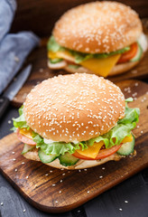 Cesare burger on wooden board