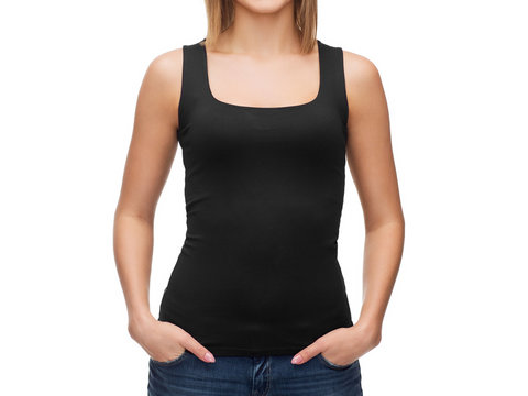 woman in blank black tank top