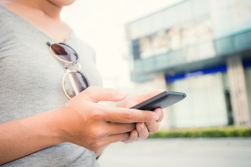 closeup women hand using smartphone mobile