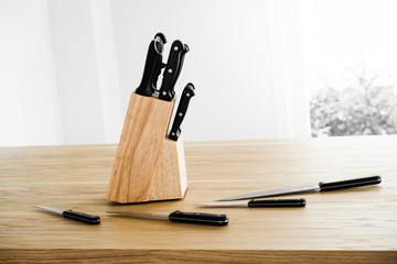 Set of kitchen knife on wooden table - 80466513