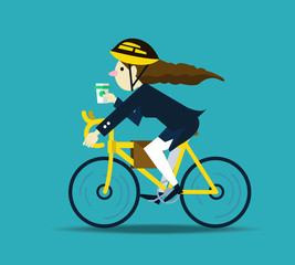 Business women cycling to work. flat design character. vector