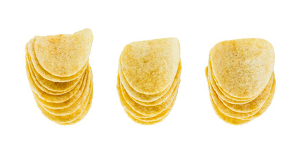 three stack Potato chips isolated on white