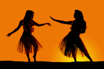silhouette of Hawaiian woman grass skirts dancing - obrazy, fototapety, plakaty