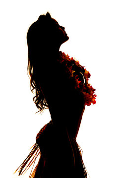 silhouette of Hawaiian woman close side grass skirt